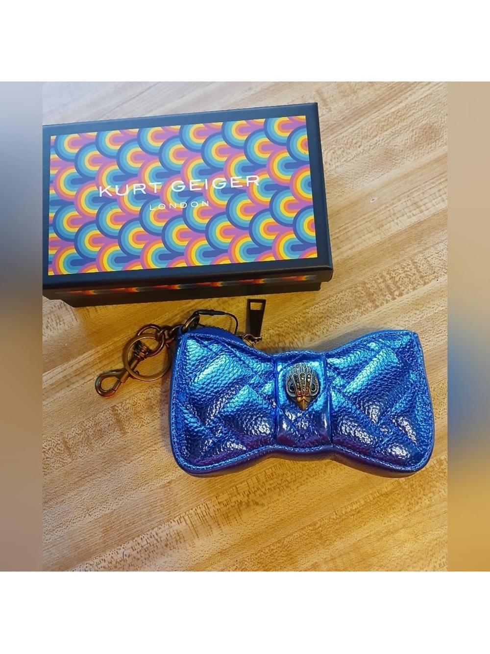 Kurt Geiger Metallic Blue Bow Key & Card Holder with Keyring